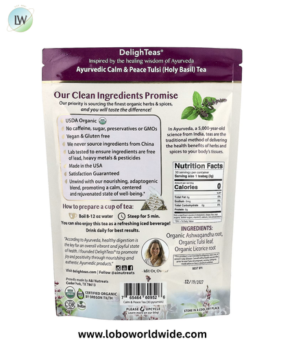 DelighTeas, Ayurvedic Calm & Peace Tulsi (Holy Basil) Tea, Caffeine Free, 30 Luxury Pyramid Tea Bags, 3.2 oz (90 g)