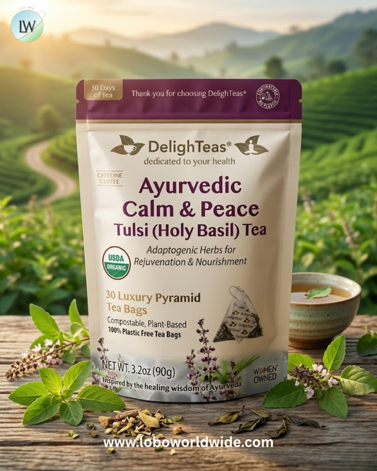 DelighTeas, Ayurvedic Calm & Peace Tulsi (Holy Basil) Tea, Caffeine Free, 30 Luxury Pyramid Tea Bags, 3.2 oz (90 g)