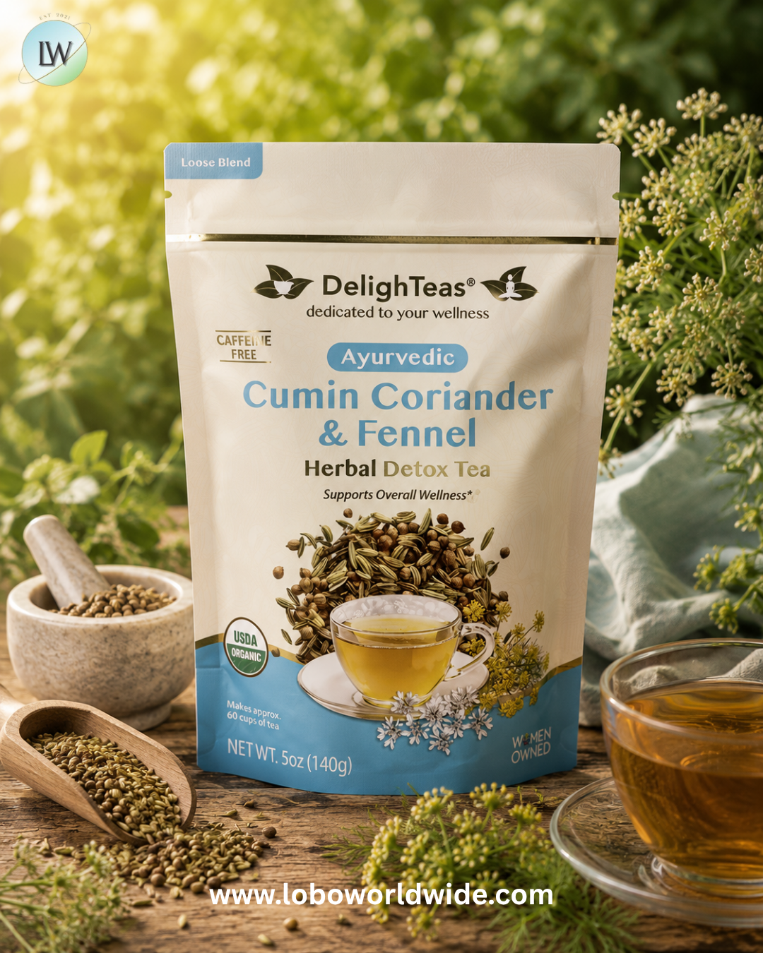 DelighTeas, Ayurvedic Cumin Coriander & Fennel, Herbal Detox Tea, Loose Blend, Caffeine Free, 5 oz (140 g)