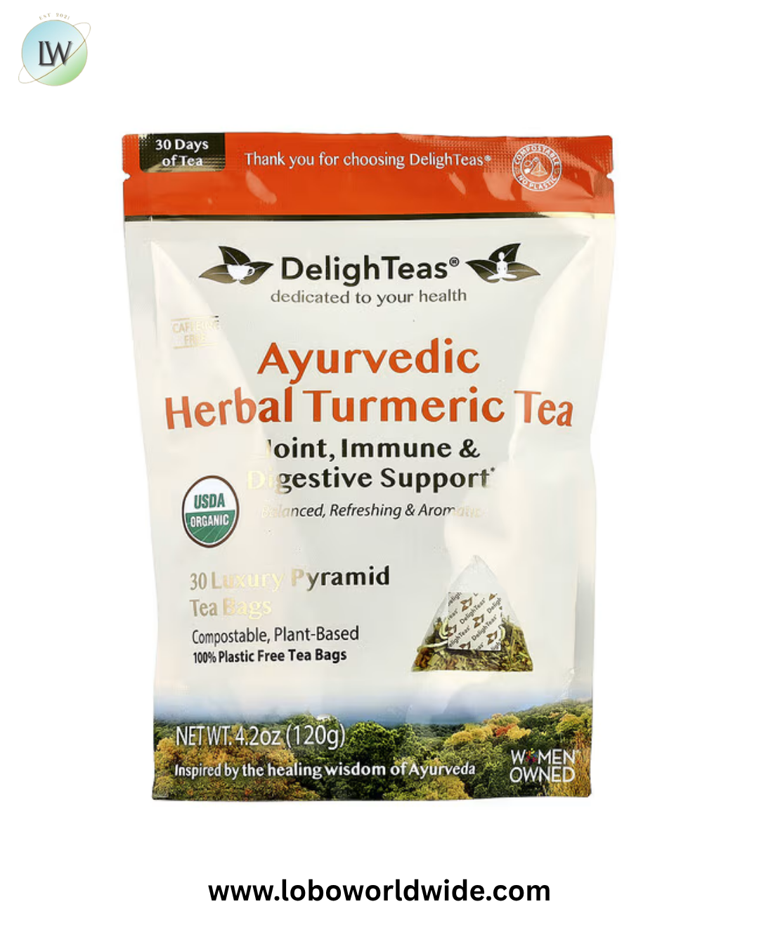 DelighTeas, Ayurvedic Herbal Turmeric Tea, Caffeine Free, 30 Luxury Pyramid Tea Bags, 4.2 oz (120 g)