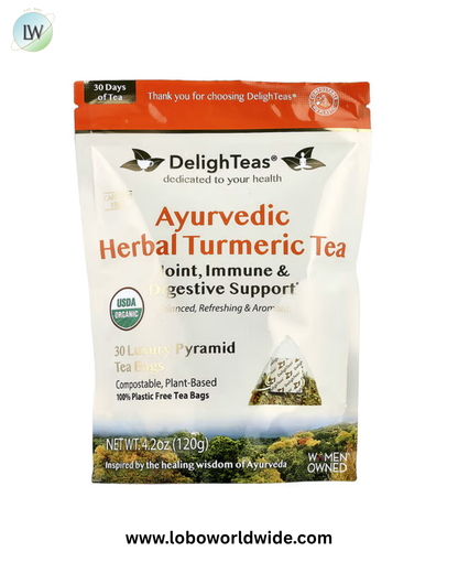 DelighTeas, Ayurvedic Herbal Turmeric Tea, Caffeine Free, 30 Luxury Pyramid Tea Bags, 4.2 oz (120 g)