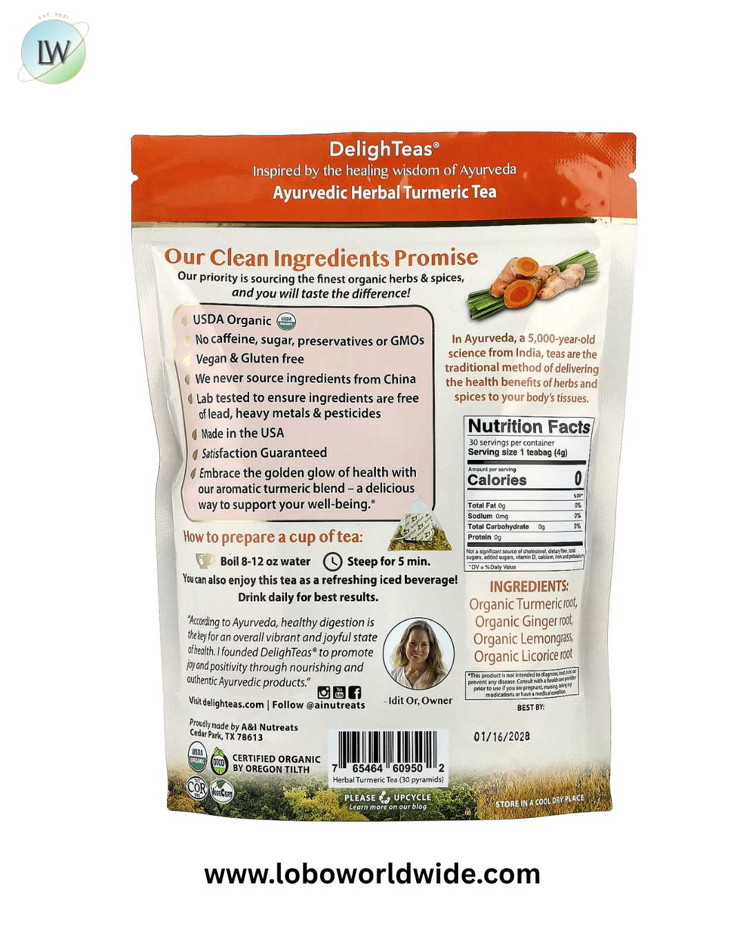 DelighTeas, Ayurvedic Herbal Turmeric Tea, Caffeine Free, 30 Luxury Pyramid Tea Bags, 4.2 oz (120 g)