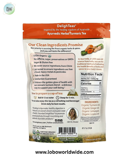 DelighTeas, Ayurvedic Herbal Turmeric Tea, Caffeine Free, 30 Luxury Pyramid Tea Bags, 4.2 oz (120 g)