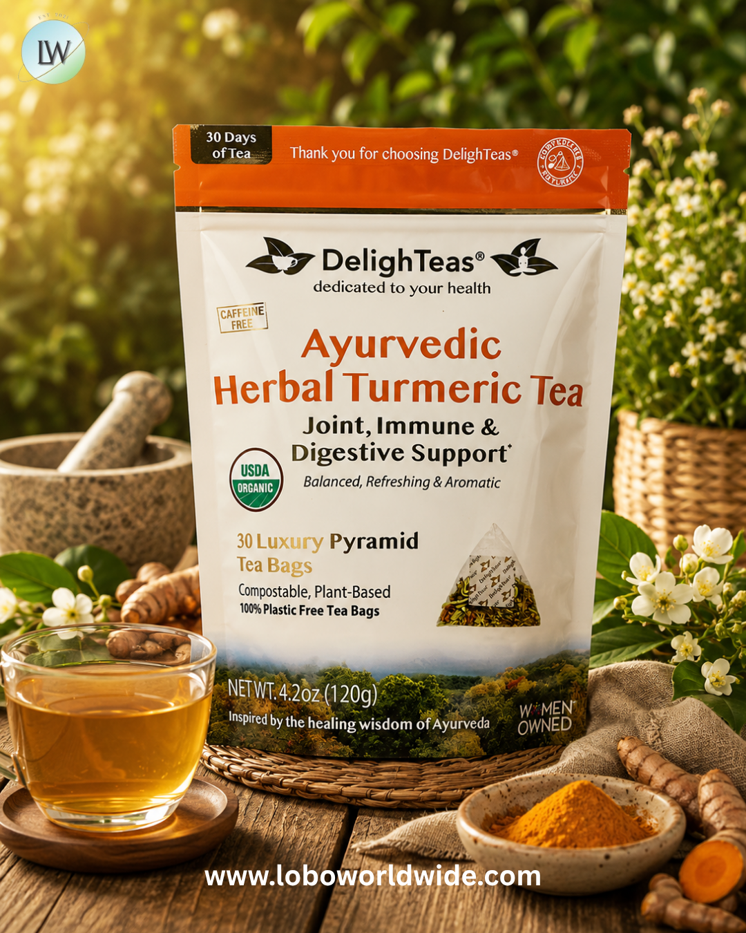 DelighTeas, Ayurvedic Herbal Turmeric Tea, Caffeine Free, 30 Luxury Pyramid Tea Bags, 4.2 oz (120 g)