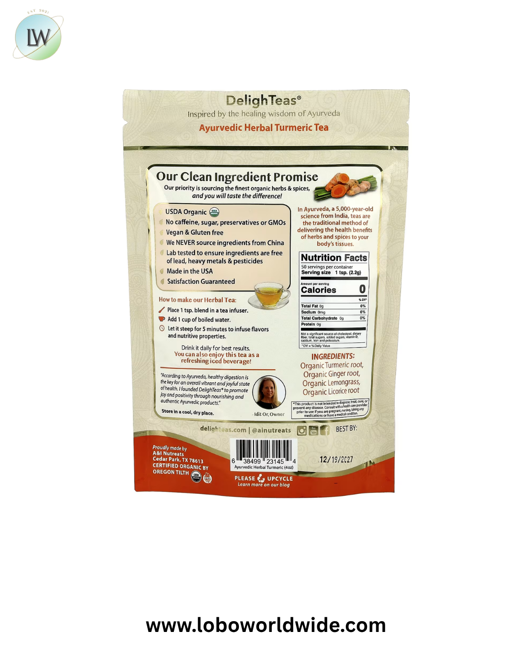 DelighTeas, Ayurvedic Herbal Turmeric Tea, Loose Blend, Caffeine Free , 4 oz (113 g)