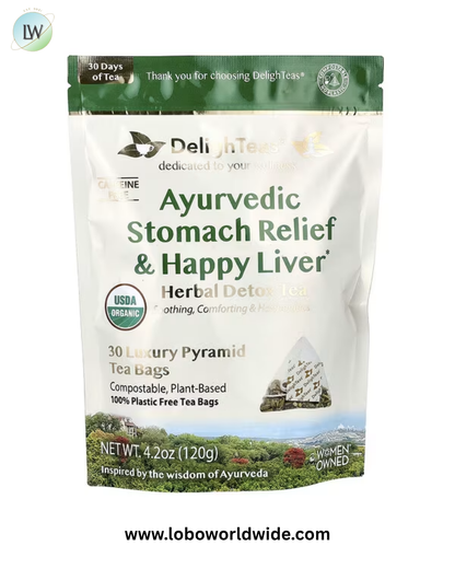 DelighTeas, Ayurvedic Stomach Relief & Happy Liver, Herbal Detox Tea, Caffeine Free, 30 Luxury Pyramid Tea Bags, 4.2 oz (120 g)