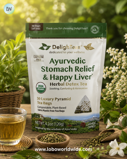 DelighTeas, Ayurvedic Stomach Relief & Happy Liver, Herbal Detox Tea, Caffeine Free, 30 Luxury Pyramid Tea Bags, 4.2 oz (120 g)
