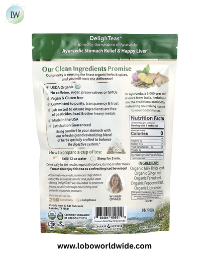 DelighTeas, Ayurvedic Stomach Relief & Happy Liver, Herbal Detox Tea, Caffeine Free, 30 Luxury Pyramid Tea Bags, 4.2 oz (120 g)