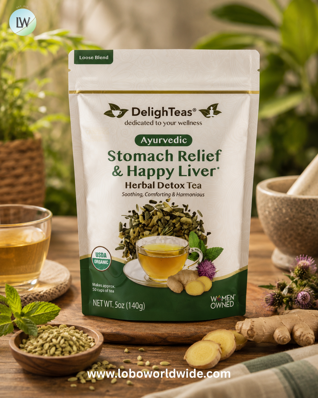 DelighTeas, Ayurvedic Stomach Relief & Happy Liver, Herbal Detox Tea, Loose Blend, Caffeine Free, 5 oz (140 g)