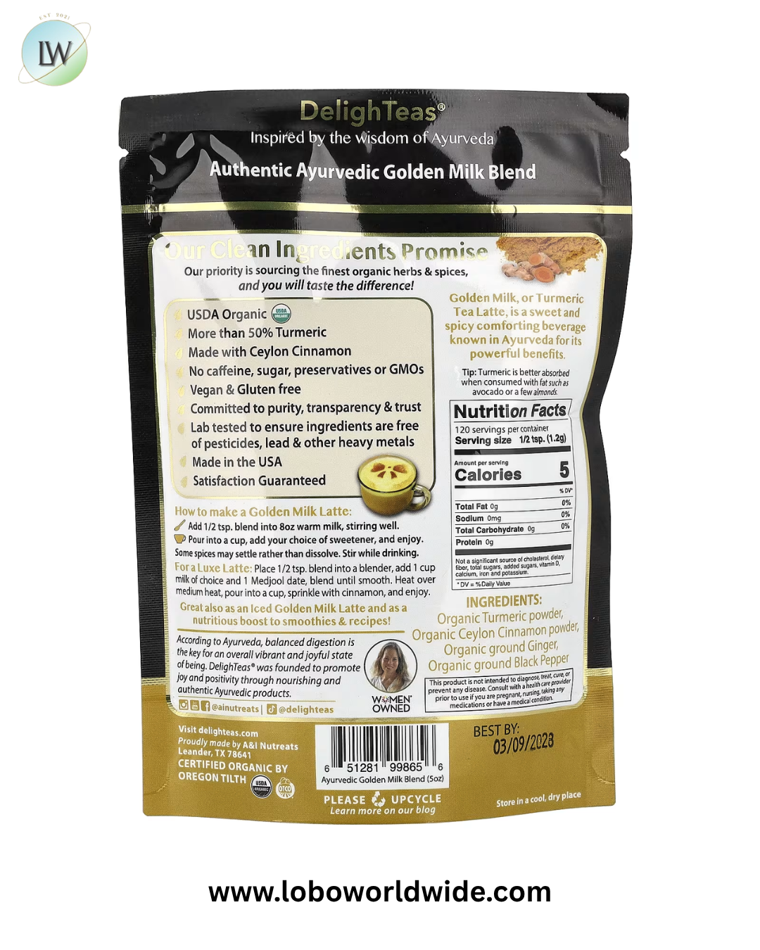 DelighTeas, Turmeric Tea Latte, Ayurvedic Golden Milk Blend, Caffeine Free, 5 oz (140 g)