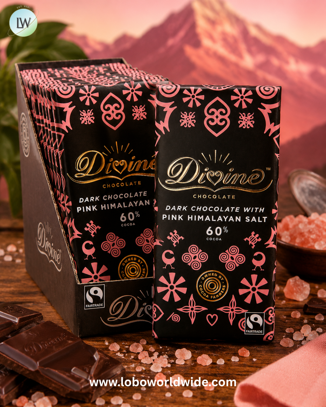 Divine 68% Dark Chocolate With Pink Himalayan Salt 3oz Bar - 12ct