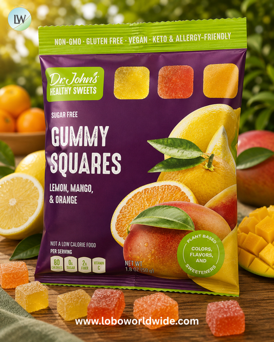 Dr. John's Healthy Sweets, Gummy Squares, Sugar Free, Lemon, Mango & Orange, 1.8 oz (50 g)