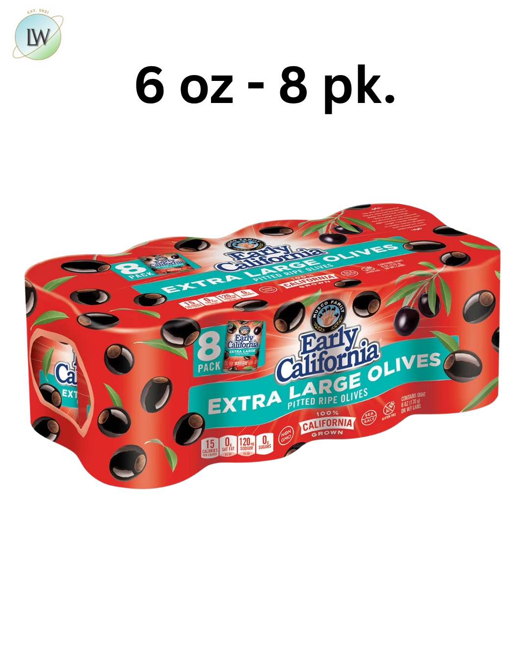 Early California Extra-Large Pitted Olives, 6 oz., 8 pk.