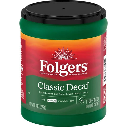 Folgers Decaf Coffee, Ground Coffee, Classic Medium Roast, 9.6 oz Canister