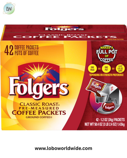 Folgers Classic Roast Ground Coffee Packets, 1.2 oz., 42 ct.