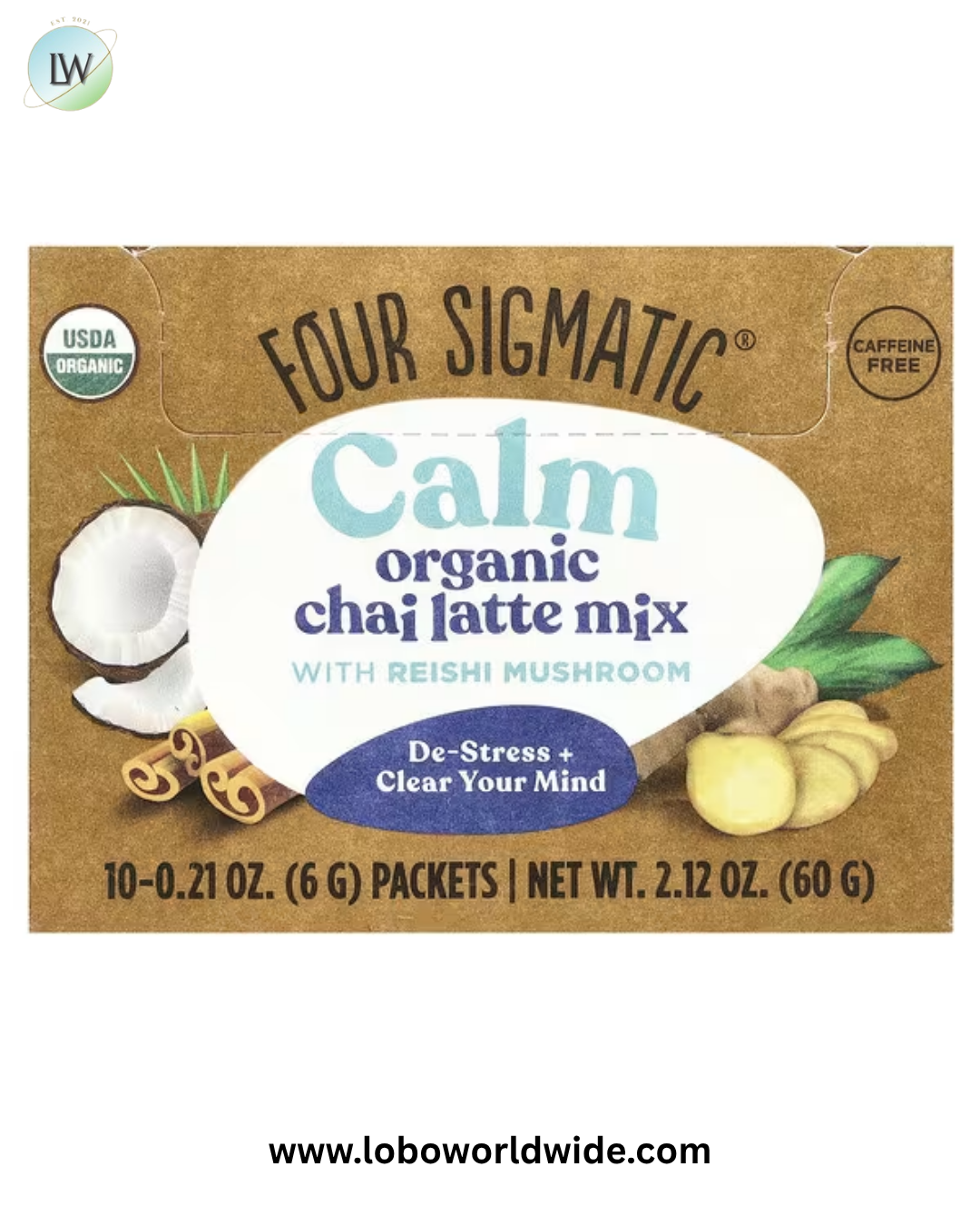 Four Sigmatic, Calm, Organic Chai Latte Mix with Reishi Mushroom, Caffeine Free, 10 Packets, 0.21 oz (6 g) Each