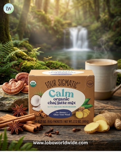 Four Sigmatic, Calm, Organic Chai Latte Mix with Reishi Mushroom, Caffeine Free, 10 Packets, 0.21 oz (6 g) Each