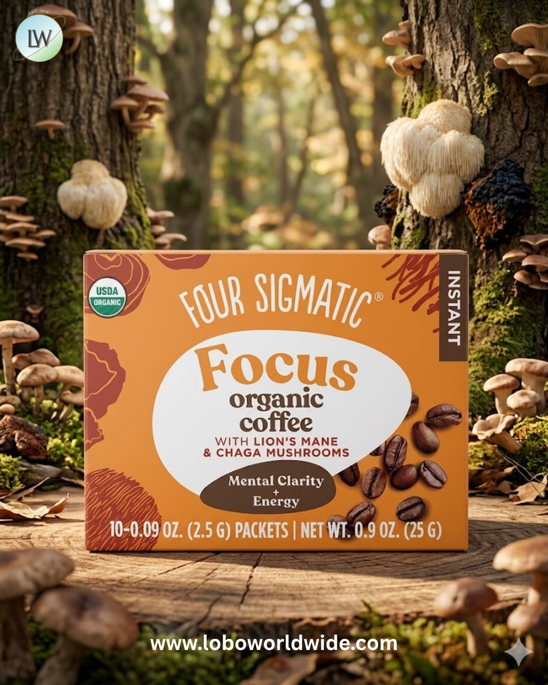 Four Sigmatic, Focus, Instant Organic Coffee with Lion's Mane & Chaga Mushrooms, Medium Roast, 10 Packets, 0.09 oz (2.5 g) Each
