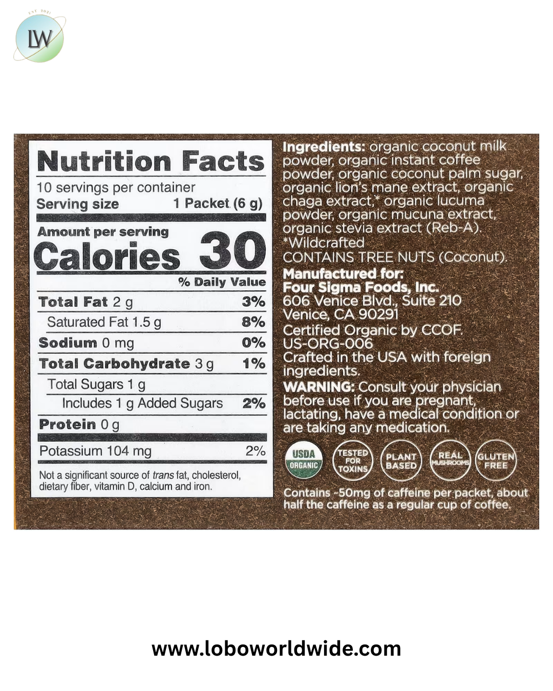 Four Sigmatic, Organic Coffee Latte with Lion's Mane & Chaga Mushrooms, 10 Packets, 0.21 oz (6 g) Each