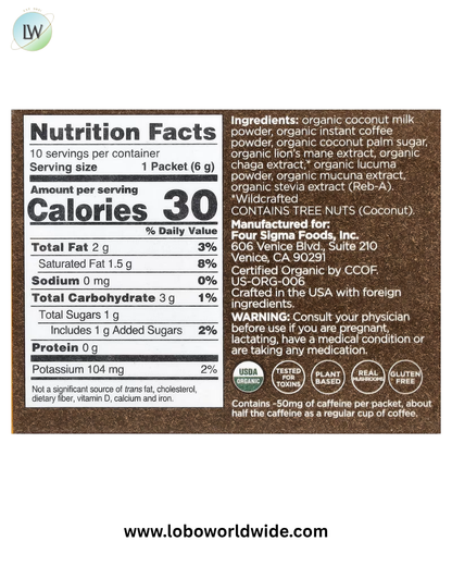 Four Sigmatic, Organic Coffee Latte with Lion's Mane & Chaga Mushrooms, 10 Packets, 0.21 oz (6 g) Each