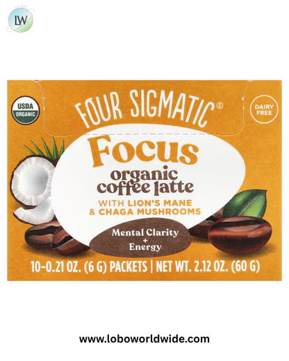 Four Sigmatic, Organic Coffee Latte with Lion's Mane & Chaga Mushrooms, 10 Packets, 0.21 oz (6 g) Each