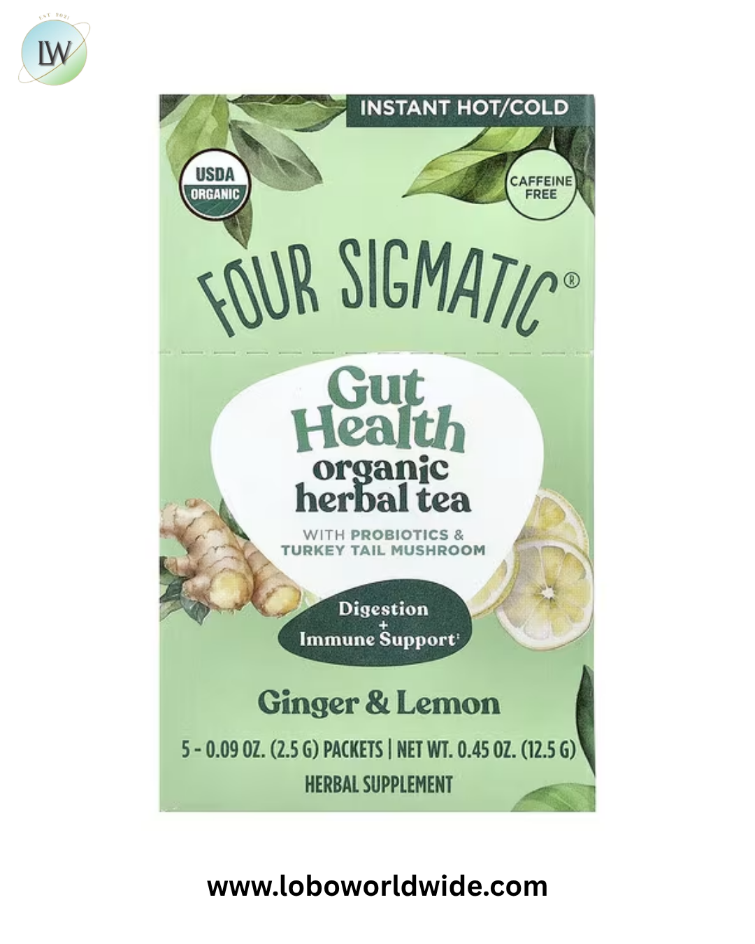 Four Sigmatic, Gut Health, Organic Herbal Tea With Probiotics & Turkey Tail Mushroom, Ginger & Lemon, Caffeine Free, 5 Packets, 0.09 oz (2.5 g) Each