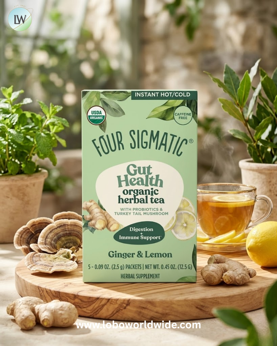 Four Sigmatic, Gut Health, Organic Herbal Tea With Probiotics & Turkey Tail Mushroom, Ginger & Lemon, Caffeine Free, 5 Packets, 0.09 oz (2.5 g) Each