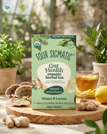Four Sigmatic, Gut Health, Organic Herbal Tea With Probiotics & Turkey Tail Mushroom, Ginger & Lemon, Caffeine Free, 5 Packets, 0.09 oz (2.5 g) Each