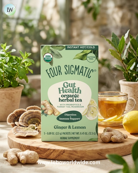 Four Sigmatic, Gut Health, Organic Herbal Tea With Probiotics & Turkey Tail Mushroom, Ginger & Lemon, Caffeine Free, 5 Packets, 0.09 oz (2.5 g) Each