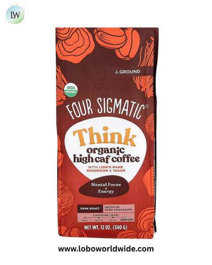 Four Sigmatic, Think, Organic High Caf Coffee with Lion's Mane Mushroom & Yacon, Ground, Dark Roast, 12 oz (340 g)