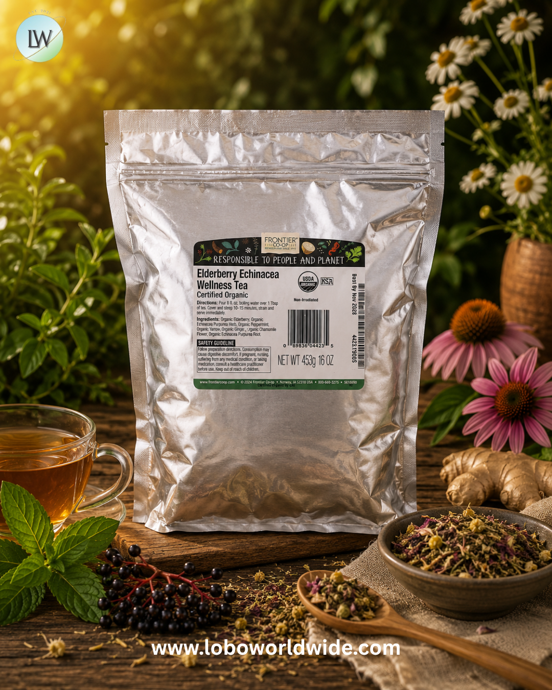 Frontier Co-op, Organic Elderberry Echinacea Wellness Tea, 16 oz (453 g)