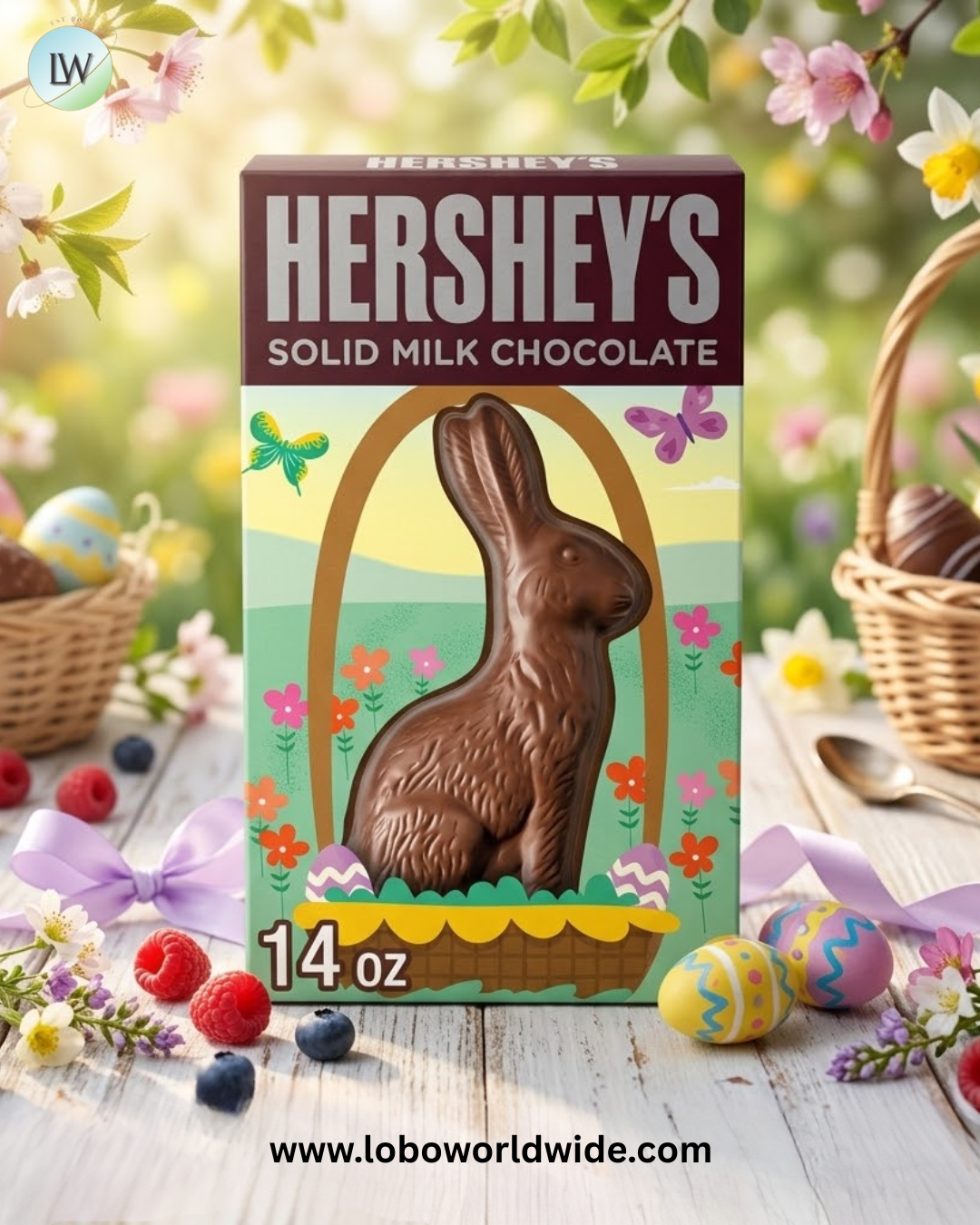 HERSHEY'S Solid Milk Chocolate Bunny, Easter Candy Gift Box, 14 oz