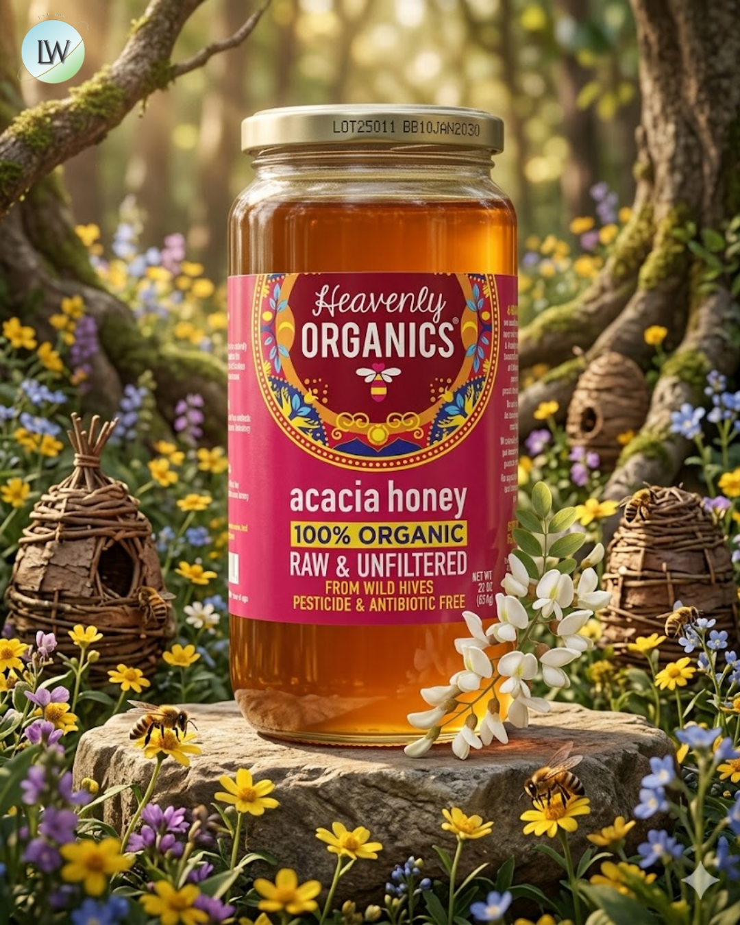Heavenly Organics, 100% Organic Acacia Honey, Raw & Unfiltered, 22 oz (624 g)