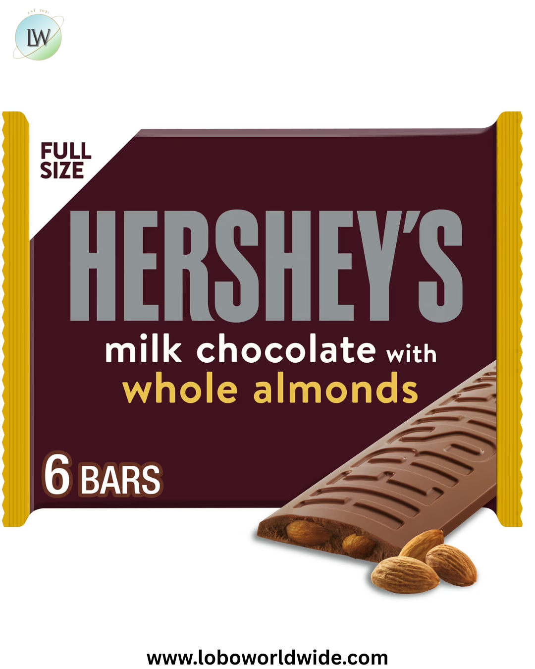 Hershey's Milk Chocolate with Whole Almonds Candy, Bars 1.45 oz, 6 Count