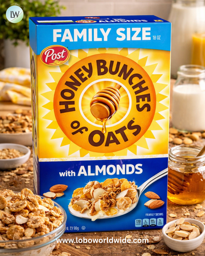Honey Bunches of Oats with Almonds Breakfast Cereal, Honey Cereal with Granola Clusters and Sliced Almonds.