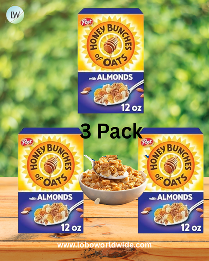 Honey Bunches of Oats with Almonds Breakfast Cereal, Honey Cereal with Granola Clusters and Sliced Almonds.