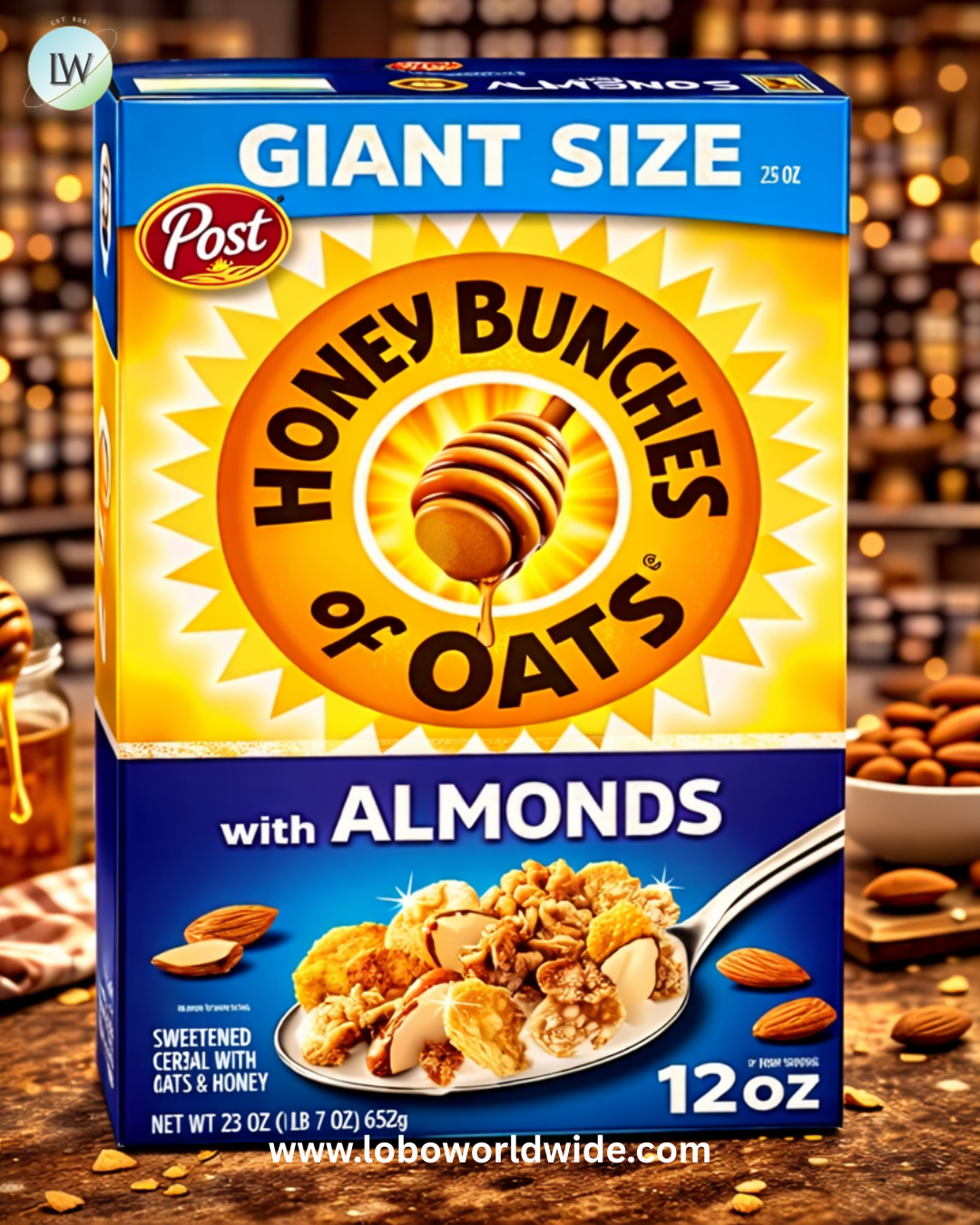 Honey Bunches of Oats with Almonds Breakfast Cereal, Honey Cereal with Granola Clusters and Sliced Almonds.