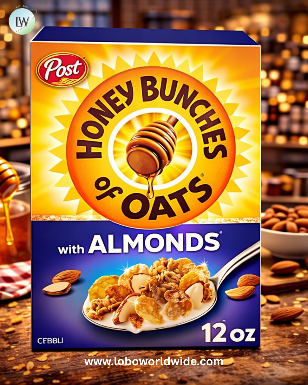 Honey Bunches of Oats with Almonds Breakfast Cereal, Honey Cereal with Granola Clusters and Sliced Almonds.