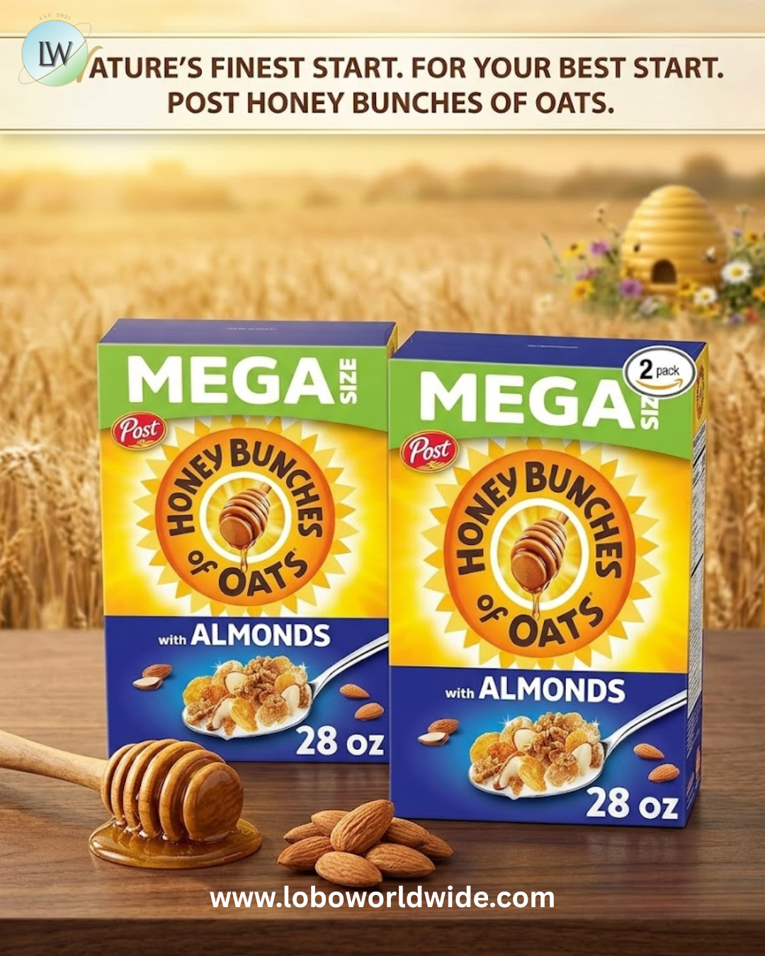 Honey Bunches of Oats with Almonds Breakfast Cereal, Honey Cereal with Granola Clusters and Sliced Almonds.