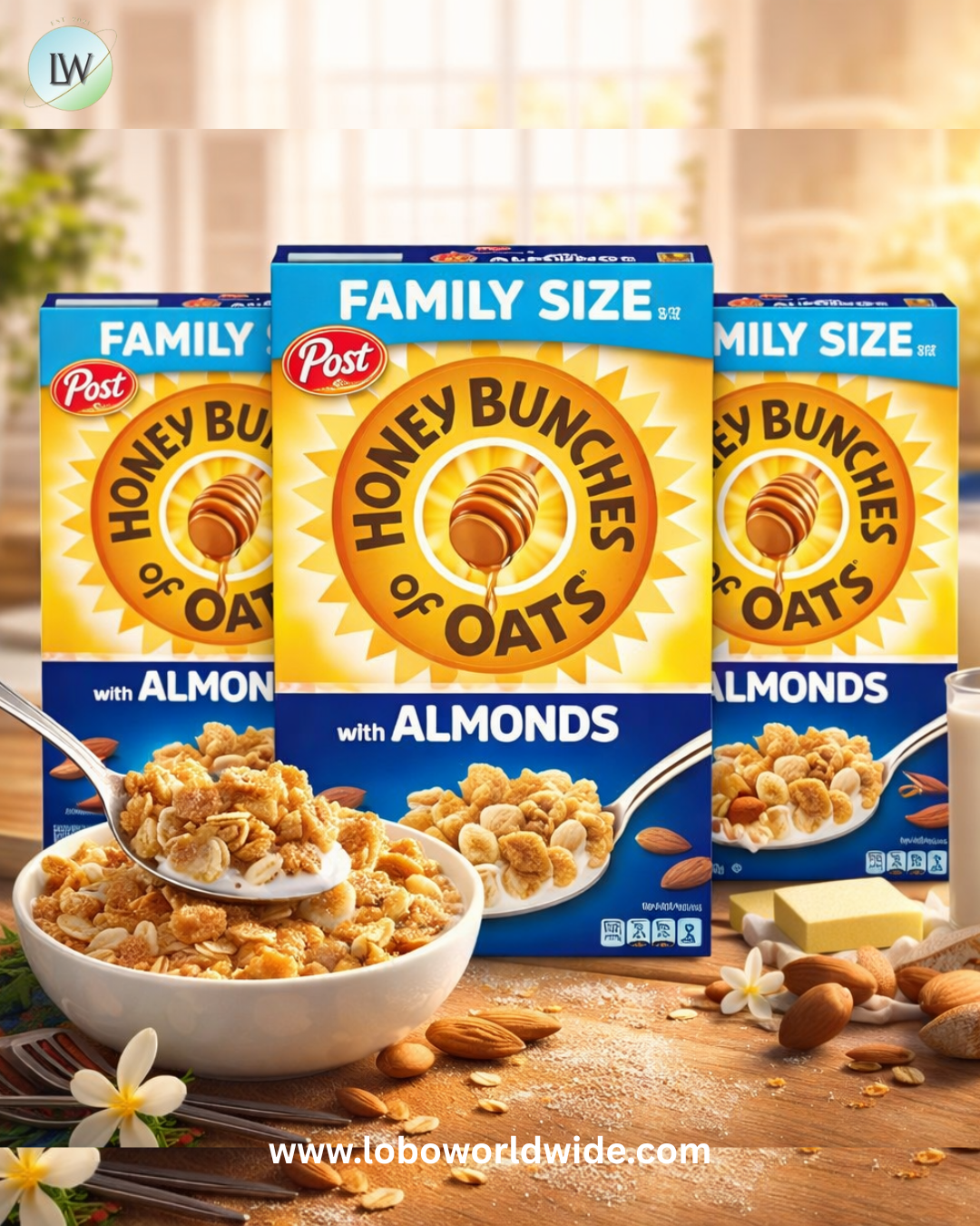 Honey Bunches of Oats with Almonds Breakfast Cereal, Honey Cereal with Granola Clusters and Sliced Almonds.