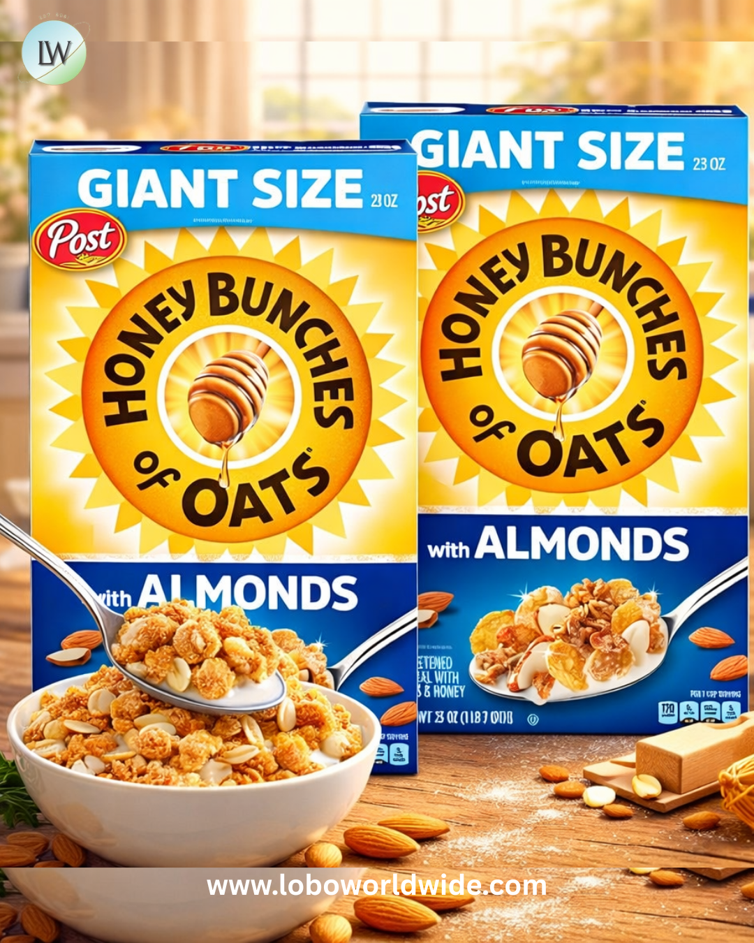 Honey Bunches of Oats with Almonds Breakfast Cereal, Honey Cereal with Granola Clusters and Sliced Almonds.
