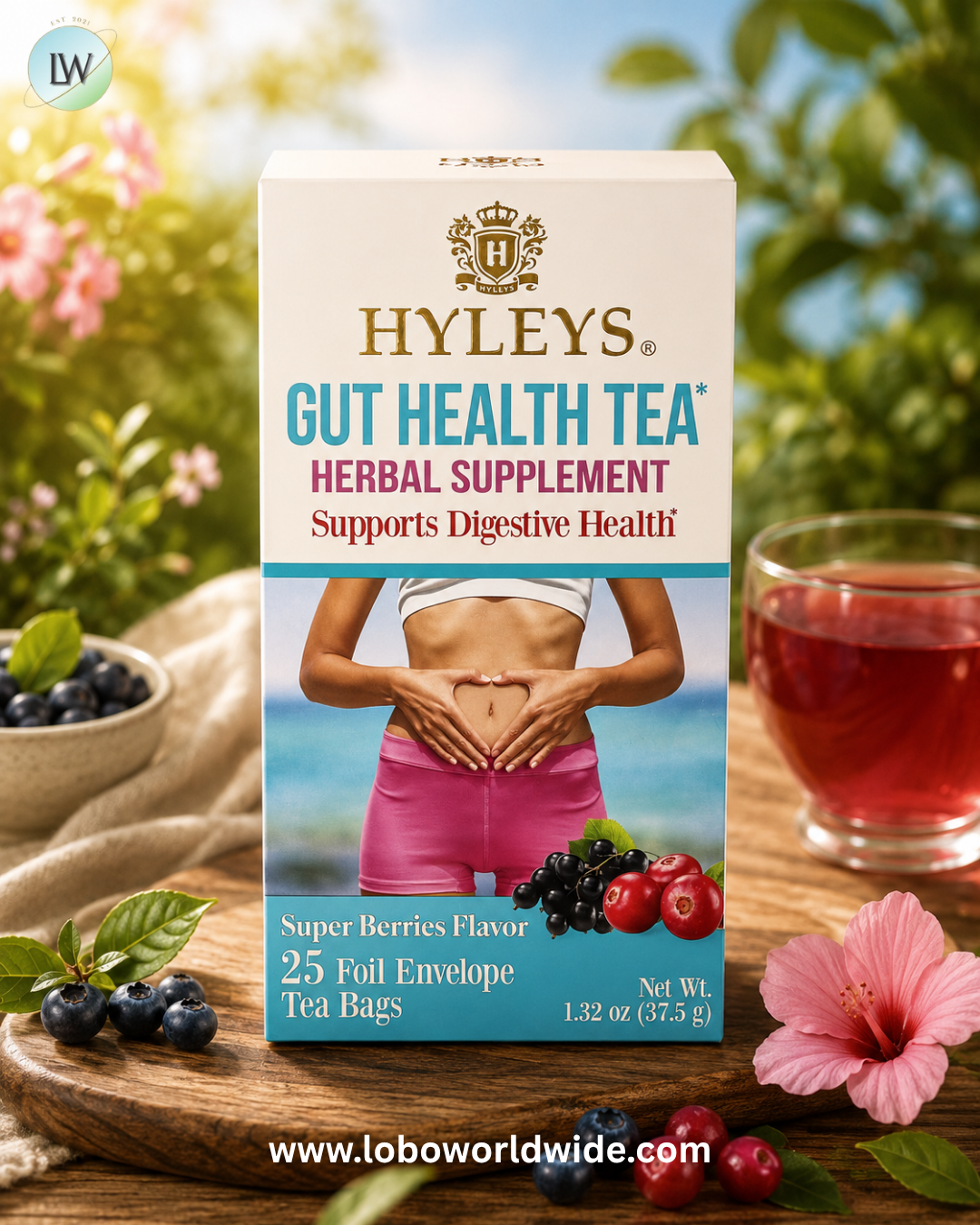 Hyleys Tea, Gut Health Tea, Super Berries , 25 Foil Envelope Tea Bags, 1.32 oz (37.5 g)