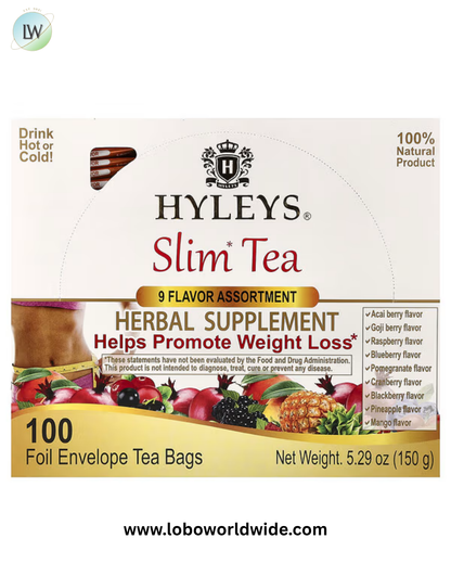 Hyleys Tea, Slim Tea, 9 Flavor Assortment , 100 Foil Envelope Tea Bags, 5.29 oz (150 g)