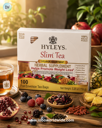 Hyleys Tea, Slim Tea, 9 Flavor Assortment , 100 Foil Envelope Tea Bags, 5.29 oz (150 g)