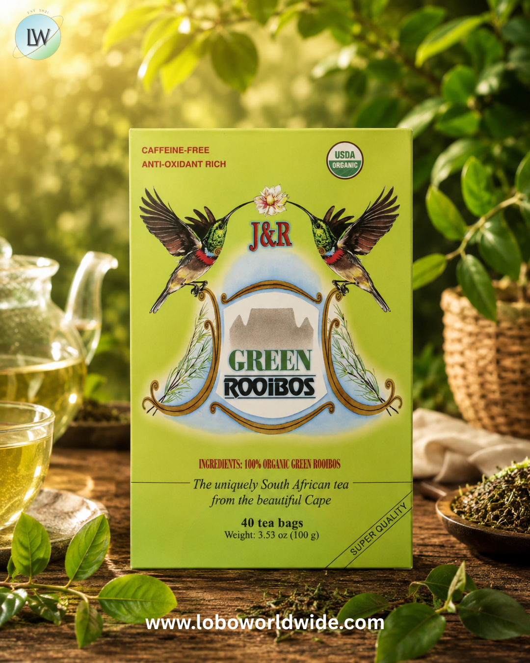 J&R Port Trading, Green Rooibos, Caffeine-Free, 40 Tea Bags, 3.53 oz (100 g)