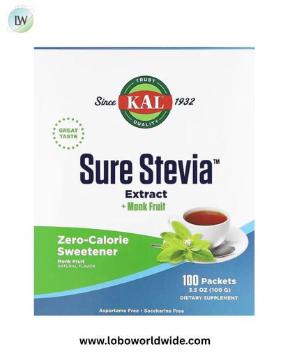 KAL, Sure Stevia Extract + Monk Fruit, 100 Packets, 3.5 oz (100 g)