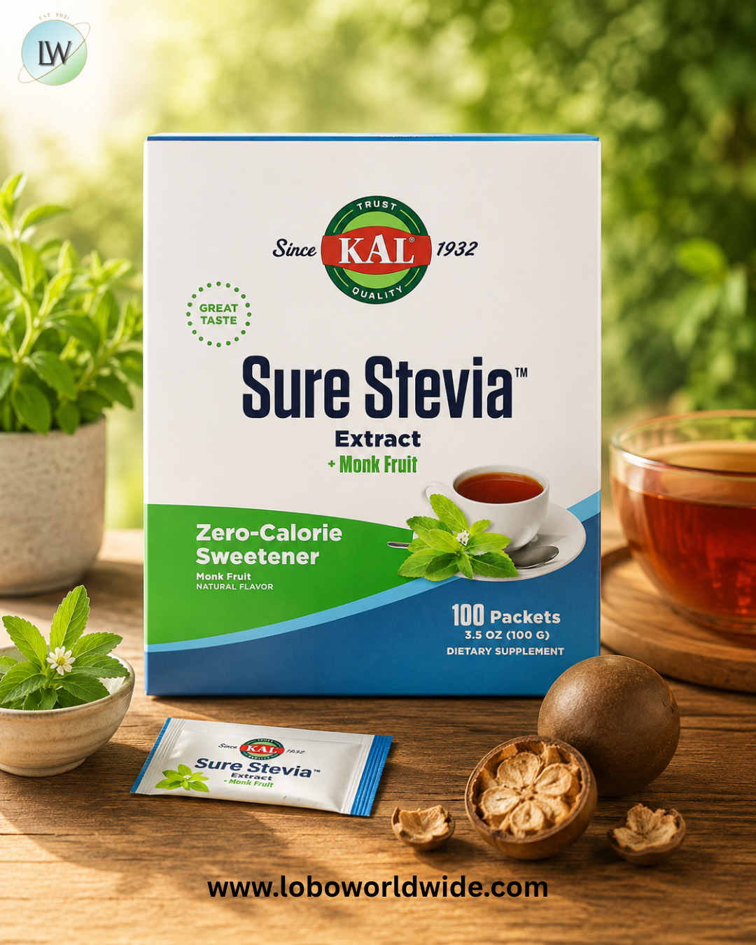 KAL, Sure Stevia Extract + Monk Fruit, 100 Packets, 3.5 oz (100 g)