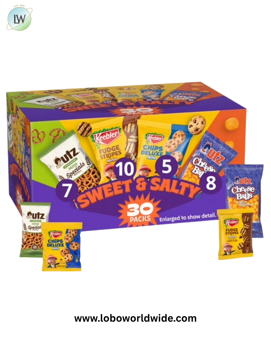 Keebler Sweet & Salty Variety Pack, 30-Count Box, Includes Keebler Chips Deluxe, Fudge Stripes, Utz mini Pretzels and Cheese Balls, 31 oz