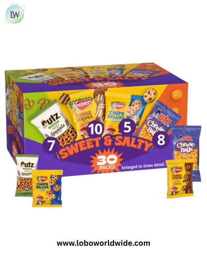 Keebler Sweet & Salty Variety Pack, 30-Count Box, Includes Keebler Chips Deluxe, Fudge Stripes, Utz mini Pretzels and Cheese Balls, 31 oz