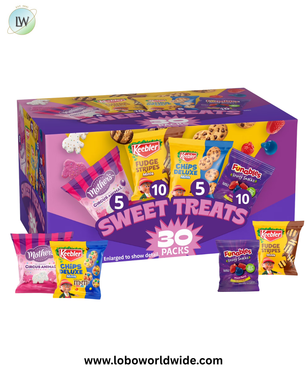 Keebler Sweet Treat Variety Pack, 30-Count Box, Includes Chips Deluxe, Funables, Fudge Stripes, and Mother's Circus Animal Cookies, 29 oz
